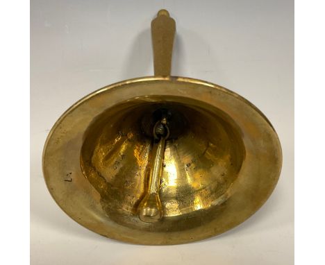 An 18th century brass candlestick form tavern bell, turned base, 19.5cm high, c.1760 