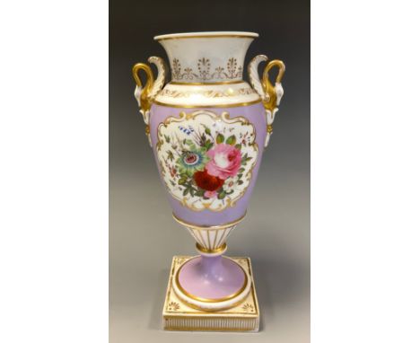 An early 19th century English porcelain vase, probably chamberlains Worcester, painted with flowers, lavender ground, swan ha