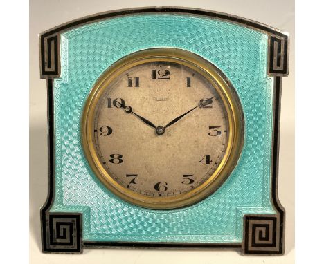 An Art Deco silver and guilloche enamel easel strut timepiece, 5cm silvered clock dial inscribed with Arabic numerals, outlin