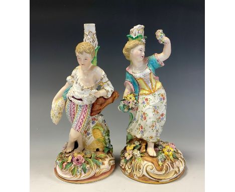 A pair of English porcelain figures in the Derby style, formerly candlestick, painted marks in blue, 25.5cm high 