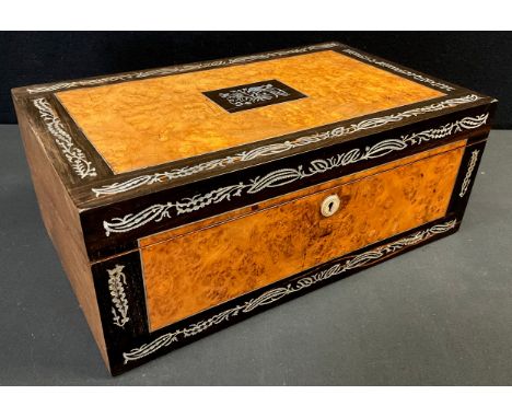 A Victorian Burr walnut and black walnut veneered mahogany writing slope, mother-of-pearl inlay, and escutcheon, red velvet s