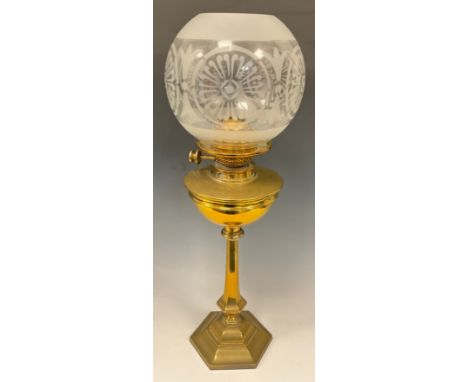 A late Victorian/Edwardian brass table oil lamp, Hinks’s Duplex patent burner, the globular shade etched in the Aesthetic Mov