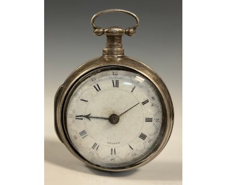 A George III silver coloured metal pair cased pocket watch, by Graham, London, 4.5cm enamel dial inscribed with Roman and sub