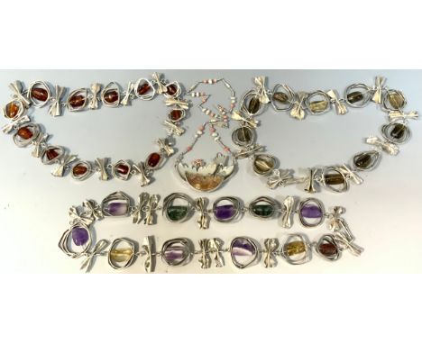 Silver jewellery - a Mexican silver coloured metal mounted necklace, others similar set with agate, amethyst, smoky quartz, e