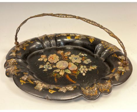 A Victorian papier mache and Mother of Pearl inlaid shaped oval dish, gilt swing handle, approx 29cm x 24cm 