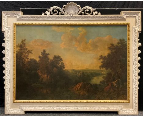English School (19th Century), Extensive Landscape, with cattle, coloured print, 132cm x 89cm, white painted Italianate frame