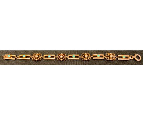 A turquiose and seed pearl fancy H and scroll link bracelet, stamped 15, 17.5cm long, 12.2g gross 