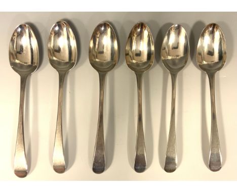 A matched set of six George II and later silver table spoons, marks part rubbed, mixed London, c.1750, 6.40ozt (6) 