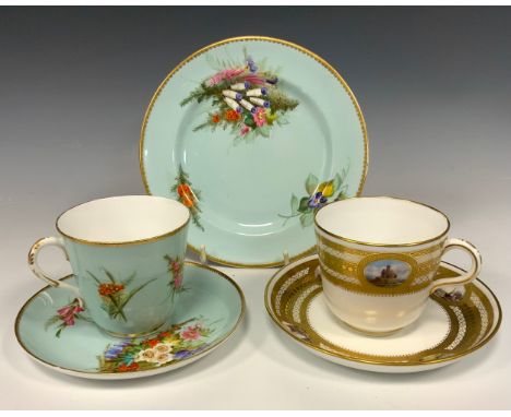 A 19th century Minton porcelain cup and saucer, each painted with oval panels with Castle, Farm Buildings, Sailing Boats, Bri