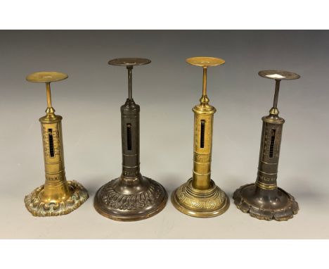 A pair of Victorian lacquered brass lighthouse /candlestick scales, R W Winfield, Birmingham; others marked WT &amp; S etc, 1