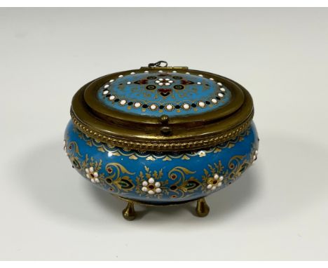 A 19th century oval French Tahan Severs type enamel and gilt casket, decorated with blue and 'pearl' jeweling on a turquoise 