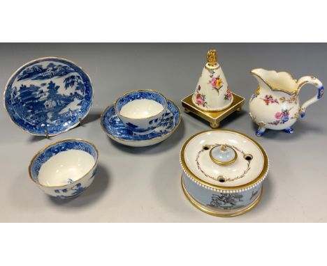 A 19th century English porcelain lidded inkwell, possibly Coalport, dished top with three Quill wholes surrounding a pale blu