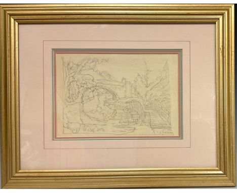 L. S. Lowry, after, Bridge over the river, bears signature, pencil sketch, 17cm x 24.5cm. 