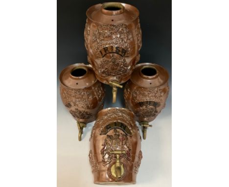 A set of four Brampton stoneware spirit barrels, each relief sprigged with Knights and Lion, grape vines and Armorial, named 