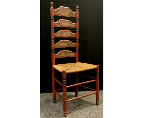 A 19th century Dutch painted ladder back side chair, decorated in polychrome with landscape vignettes, on a red ground, rush 