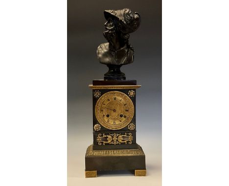 A French Empire parcel gilt and dark patinated library clock, 8.5cm gilt engine turned dial inscribed with Arabic numerals, e