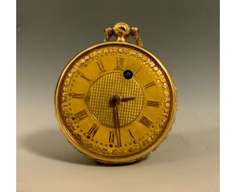 A George IV 18ct gold cased pocket watch, ornate gilt dial, raised Roman numerals, within rose, yellow and silver coloured fl