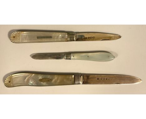 A Victorian carved Mother of Pearl handled fruit knife, silver blade, John Oxley, Sheffield 1859, others later, longest 15.4c