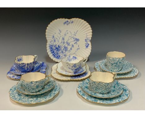 Two Wileman and Company 'Bramble' pattern,no.4353, fairy-shaped tea cups and saucers side plates; 'Clover' pattern, rdno. 573