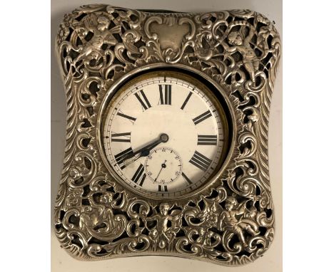 A late Victorian silver mounted leather travelling watch case, pierced front decorated with Cherubs and scrolling foliage, Lo