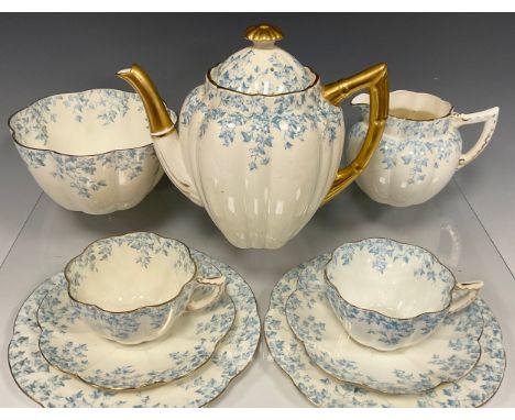 A Wileman and Co, ‘Ivy Border' pattern tea service for two, including two fairy shaped tea cups and saucers, conforming side 