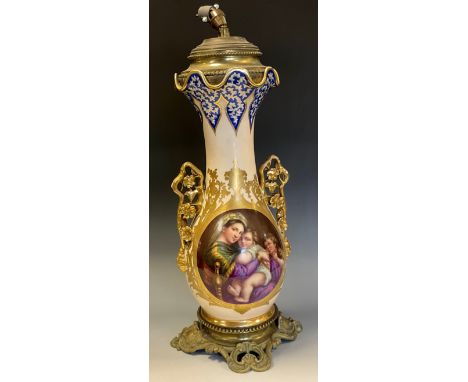A large 19th century French gilt metal mounted porcelain table lamp, painted after Raphael with the Madonna della Seggiola, 5