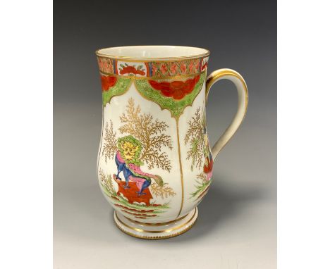 A 19th century Chamberlains Worcester Dragon in Compartments pattern baluster cup,  the large quarter panelled body painted i