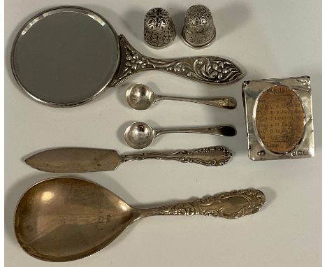 Silver - a silver caddy spoon, Birmingham 1904;  pair of silver mustard spoons;  silver butter knife, two silver thimbles, mi