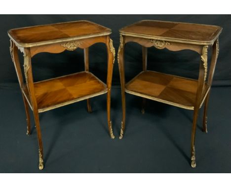 A pair of Louis XV gilt metal mounted rosewood crossbanded mahogany lamp tables, quarter-veneered top, drawer to frieze, open