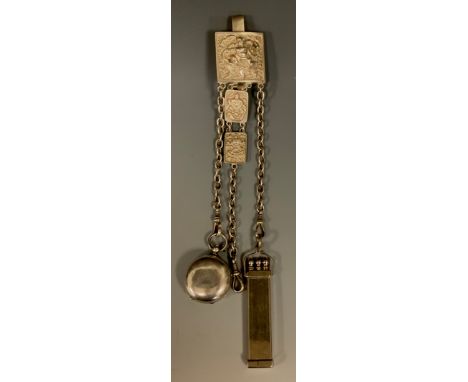 A Victorian silver Anglo Indian style chatelain, three suspension chains terminating with a sovereign case and pencil holder,