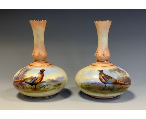 A pair of Locke &amp; Co Worcester compressed ovoid vases, painted by E Blake, signed, with pheasants, on a blush ivory groun