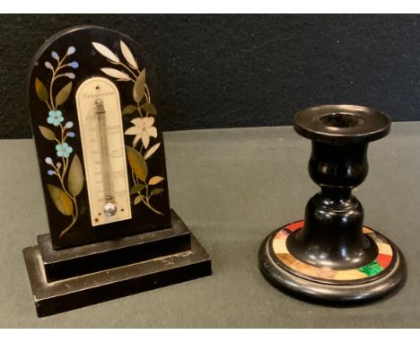 A 19th century Derbyshire Ashford Marble desk thermometer of arched rectangular form, inlaid with flowering stems in coloured