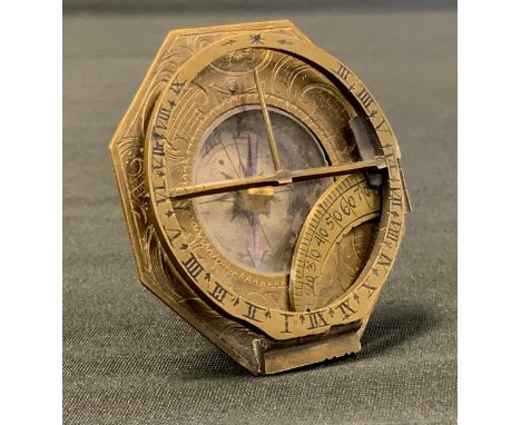 An 18th Century German brass portable equinoctial compass sundial, Andreas Vogler, Augsburg, the recessed silver coloured com