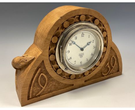 Robert Thompson, Mouseman of Kilburn - an oak mantel clock, 8cm silvered dial inscribed with Arabic numerals, Smith’s movemen