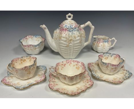 Wileman and Company duet tea service, comprised of teapot, pair of tea cups with saucers, milk jug, and sugar bowl, pattern n