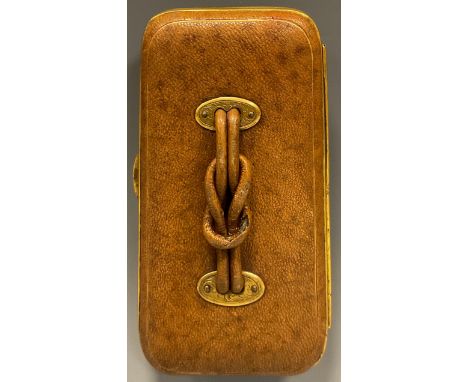A Victorian cased necessaire, tan leather and gilt case, mother of pearl hafted corkscrew, button hook and needle etc, 13.5cm