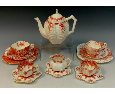 Wileman and Company 'floral display' tea service for two (pattern number 4317),  comprised of; shell-shaped tea pot, two tea 