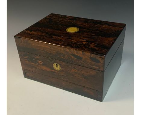 An Victorian Coromandel rosewood traveling vanity box, hinged lid,velvet lined, fitted interior, silver plated scent bottles,