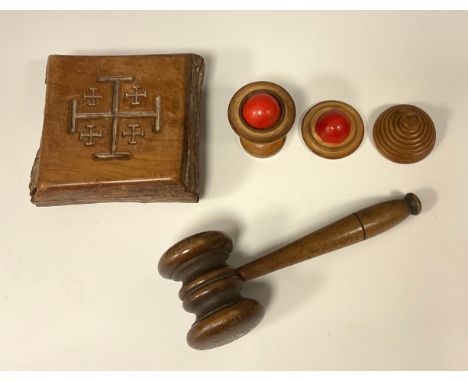 Treen - a turned gavel;  ecclesiastical box with cross symbols to cover, a turned wood rotating game (3) 