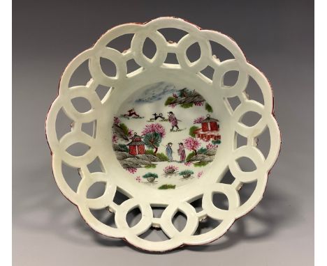 An 18th century Worcester porcelain twin handle basket, pierced sides, decorated in the Stag Hunt pattern, c.1756.Simon Spero