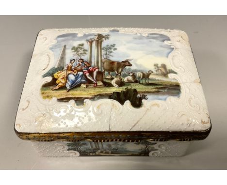 An early 19th century rectangular enamel table snuff box, the cover decorated with figures, cattle and sheep in a classic lan