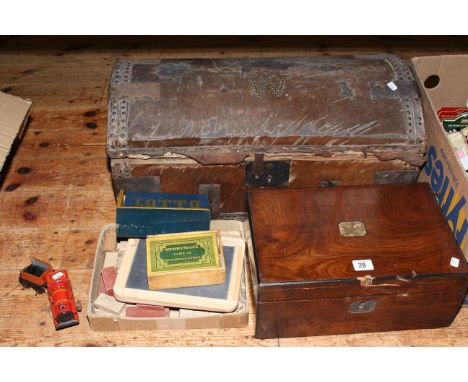19th Century writing box, dome hide covered trunk, clockwork train, games, etc