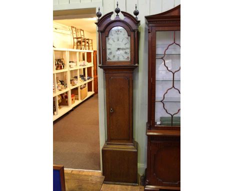 Antique oak 30 hour longcase clock having floral painted arched dial, signed J. Thompson, Darlington