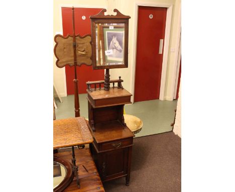 Late Victorian walnut shaving stand and pair needlework panel pole screens (3)