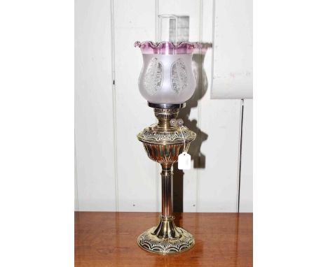Victorian brass column oil lamp with etched glass shade