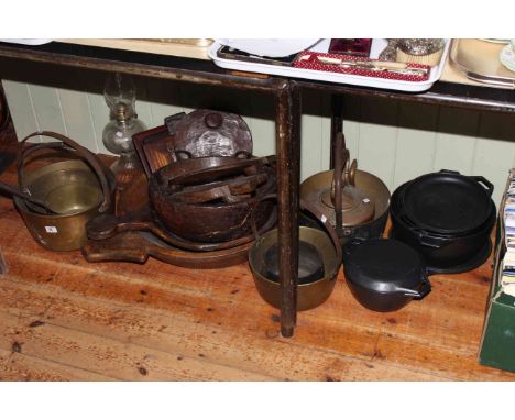 Collection of brass and steel pans, wooden bowls, oil lamp, etc