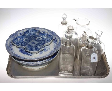 Selection of Victorian glass including spirit decanter and three blue and white stands