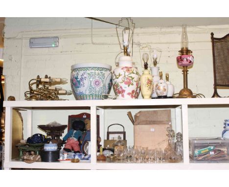 Assorted lamps including oil lamp, pottery planter, wall lights, vases, kitchen scales, teddies, records, glass and china, et