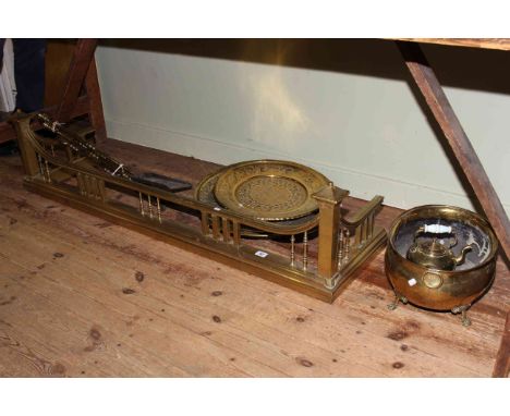 Victorian brass fender, fire irons, brass plaques, planter and teapots