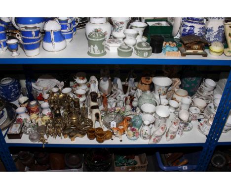 Collection of china and brassware including Nao figures